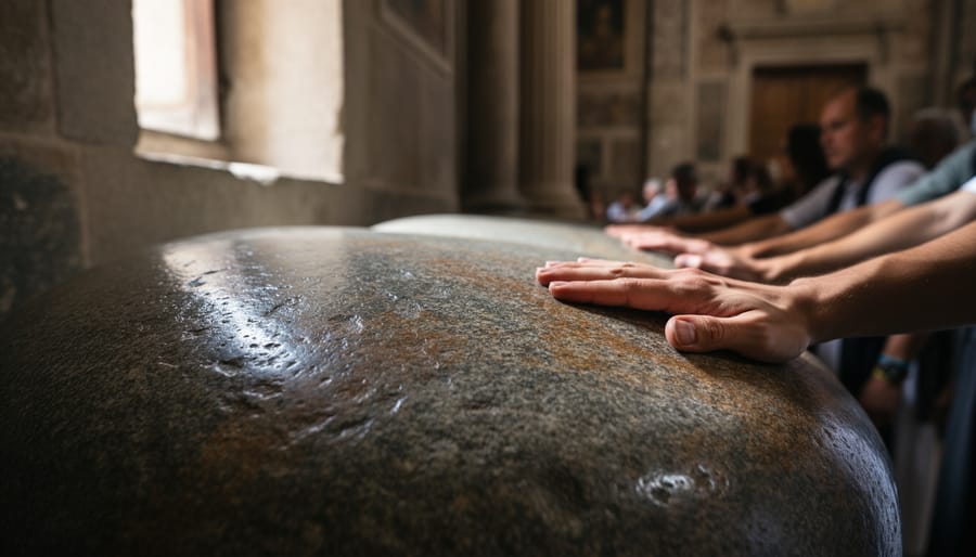 Ancient stone surface worn smooth by pilgrims touching it over centuries