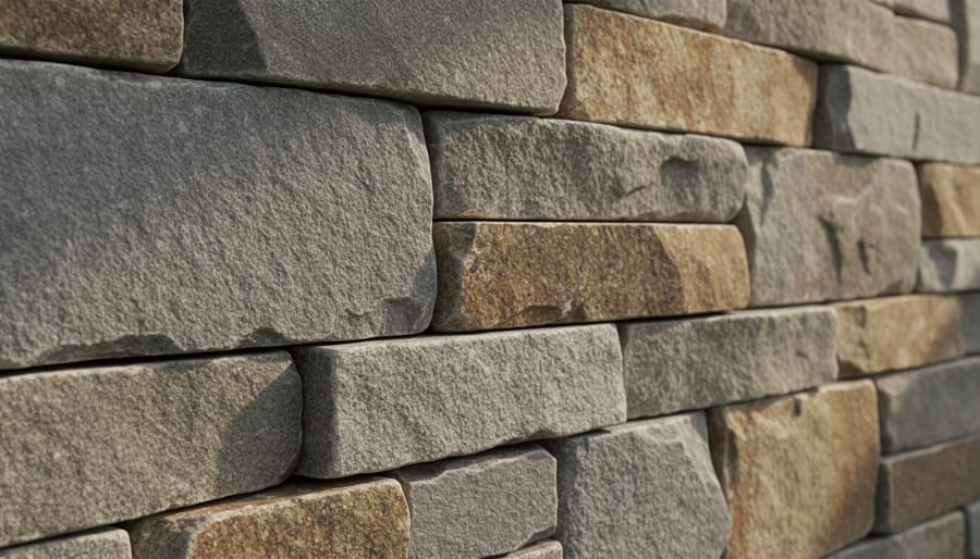 Macro view of precision stone joint in mortarless dry-stacked granite construction