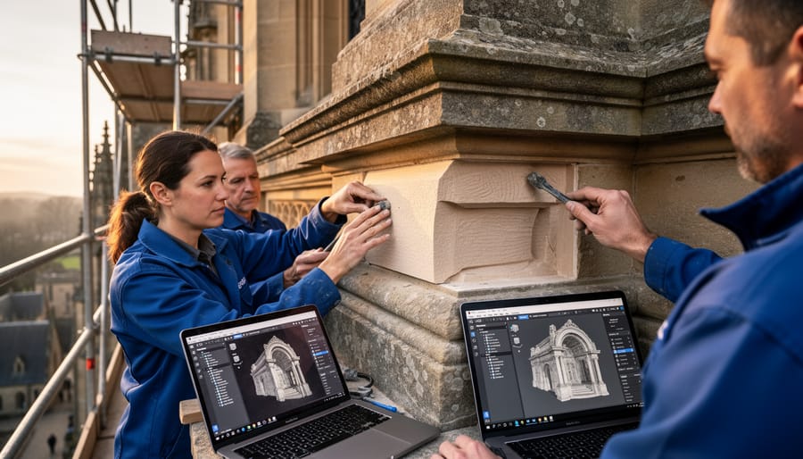 Stonemason fitting custom-cut replacement stone into historic building wall