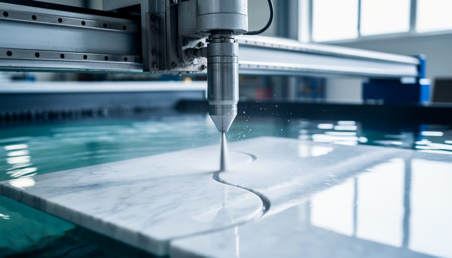 Close-up of an abrasive waterjet nozzle cutting a precise curved path in a white marble slab, with water spray and smooth kerf visible against a softly blurred fabrication shop background.