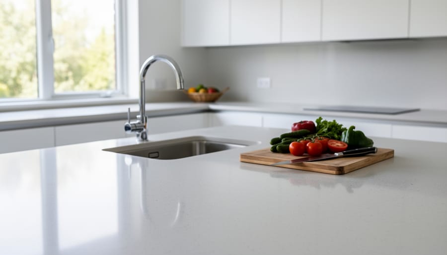 Modern kitchen with quartz countertop showing food preparation with cutting board and fresh ingredients