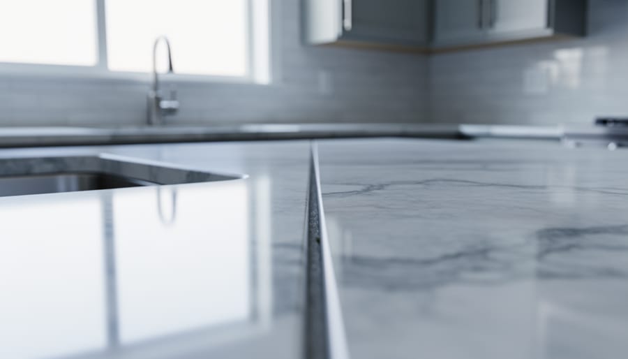 Close-up of a quartz countertop seam near an undermount sink in a modern kitchen, showing a tight, flush joint with color-matched adhesive under soft natural light; blurred faucet, cabinets, and backsplash in the background.
