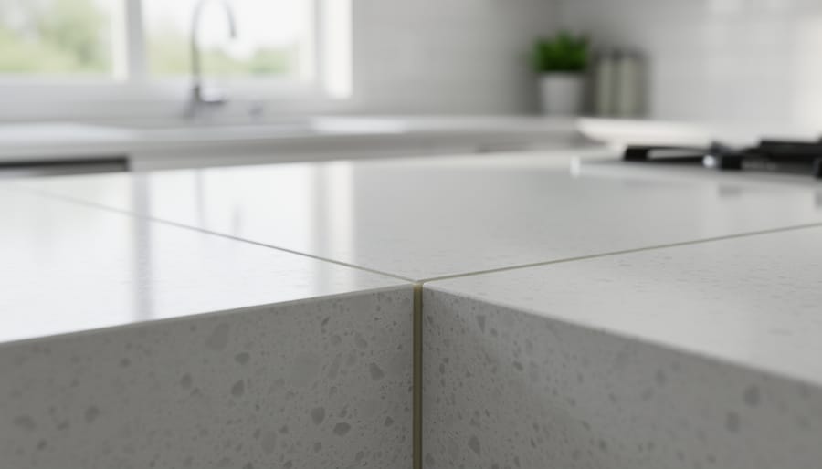 Close-up view of a quartz countertop seam showing where two slabs meet