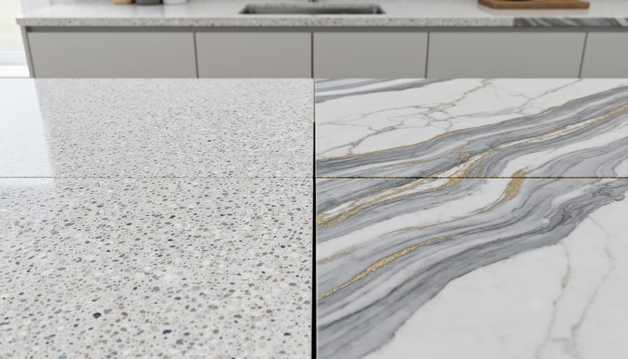 Three quartz countertop samples showing different patterns from speckled to veined to solid