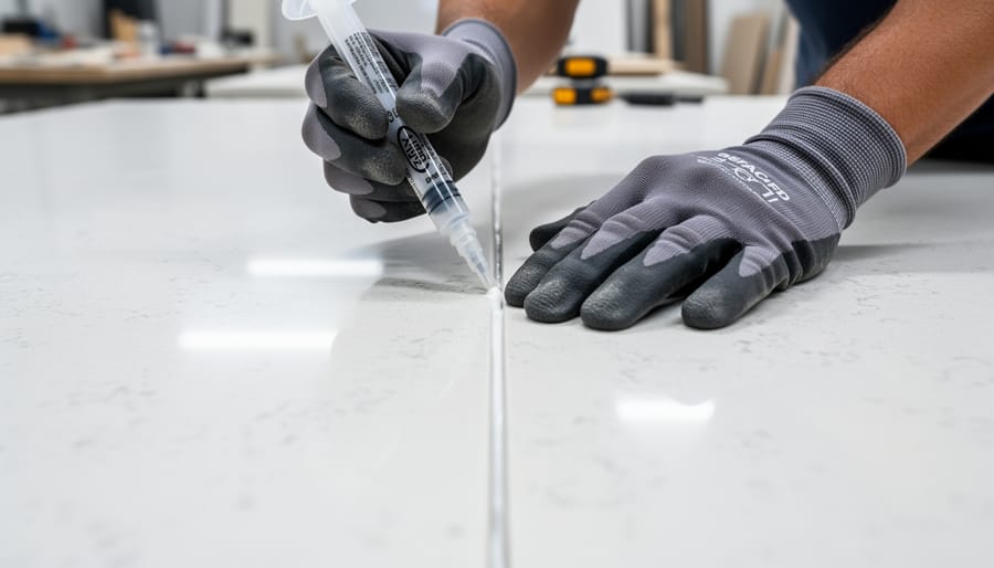 Fabricator applying color-matched epoxy adhesive to quartz countertop edge during seam preparation