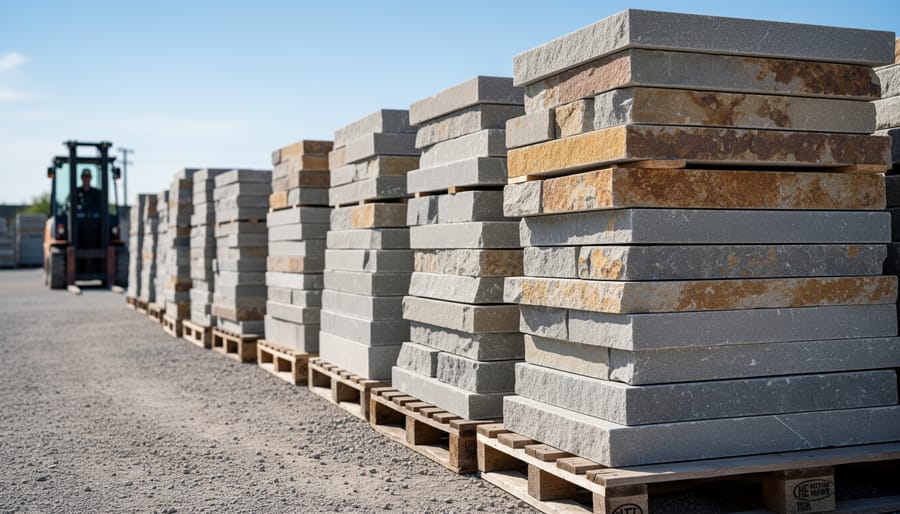 Reclaimed natural stone pieces in architectural salvage yard awaiting reuse