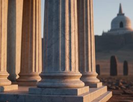 Low-angle view of weathered white marble temple columns in warm evening light, with softly blurred silhouettes of distant standing stones and a rock-cut stupa in the background.