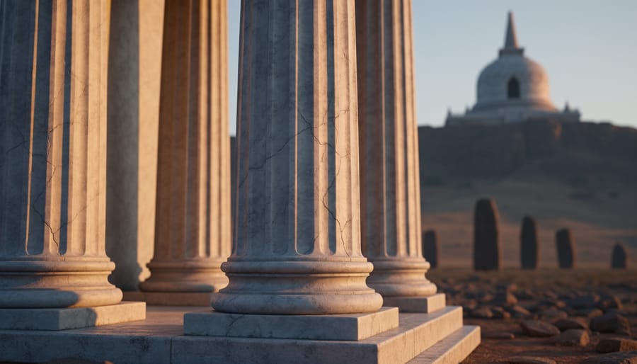 Low-angle view of weathered white marble temple columns in warm evening light, with softly blurred silhouettes of distant standing stones and a rock-cut stupa in the background.