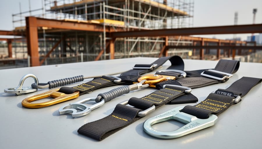 Close-up of safety harness D-ring and lanyard connection hardware