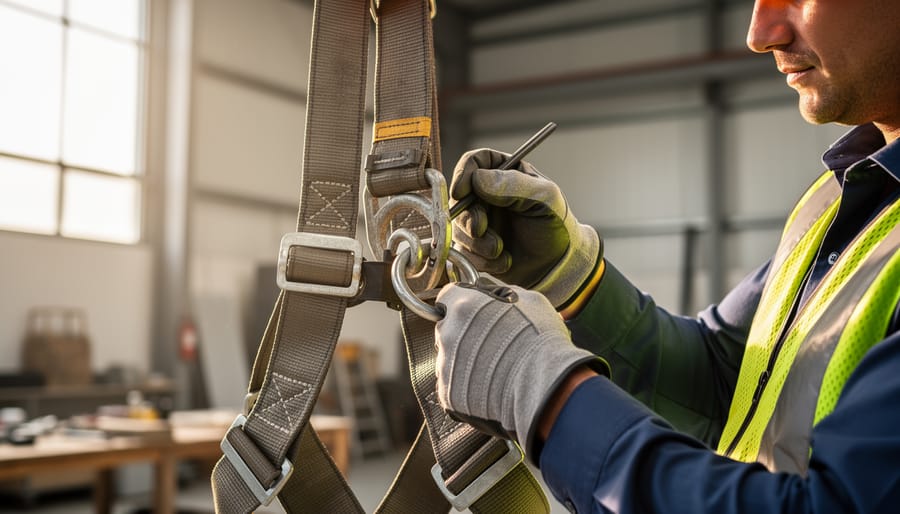 Hands inspecting safety harness webbing and stitching for wear and damage