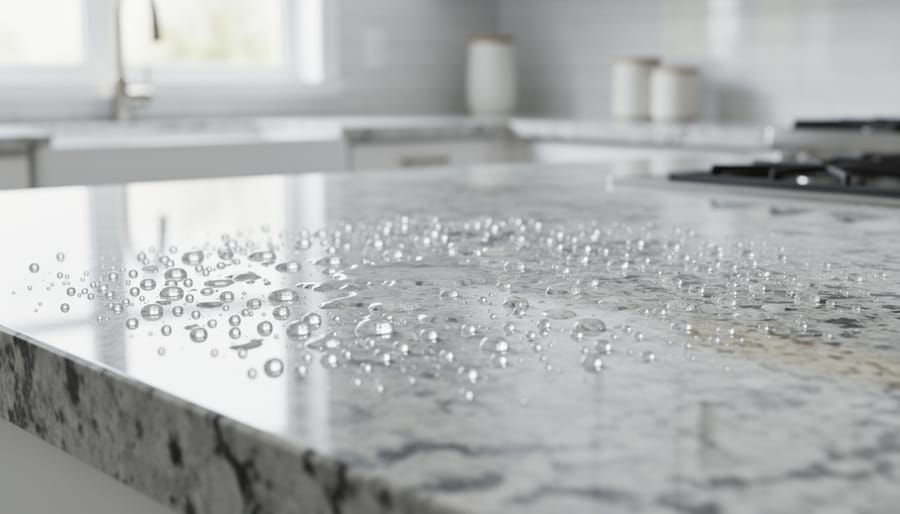 Close-up of water beading on sealed granite shower surface