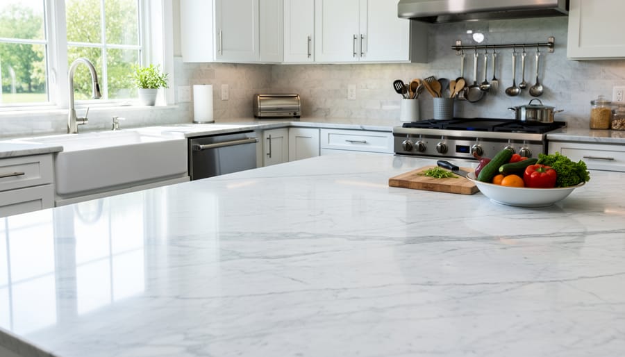 Pristine marble kitchen countertop showing natural veining and daily use items