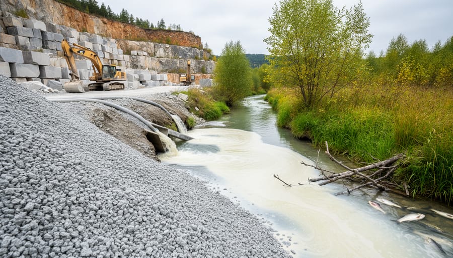 Polluted water channel showing gray stone slurry contamination affecting natural stream