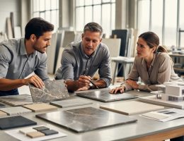 Architect, contractor, and client discuss natural stone slabs and finish samples around a studio table, pointing to veining details, with a softly blurred fabrication workshop in the background.