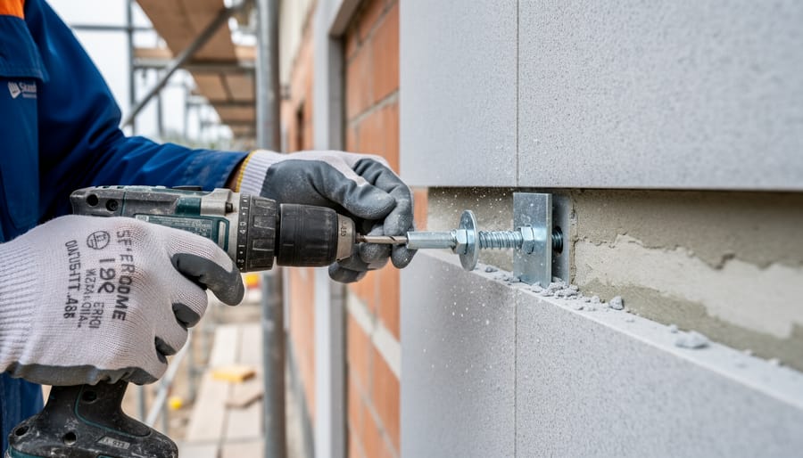Construction worker installing stone cladding anchor with power drill on building facade