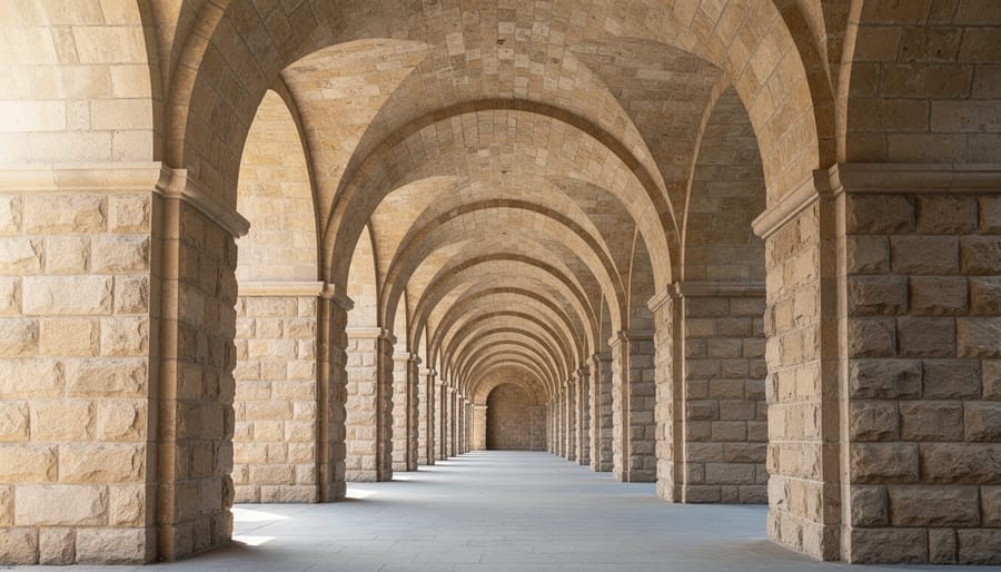 Ancient stone arch bridge showing fitted voussoir stones with dramatic lighting