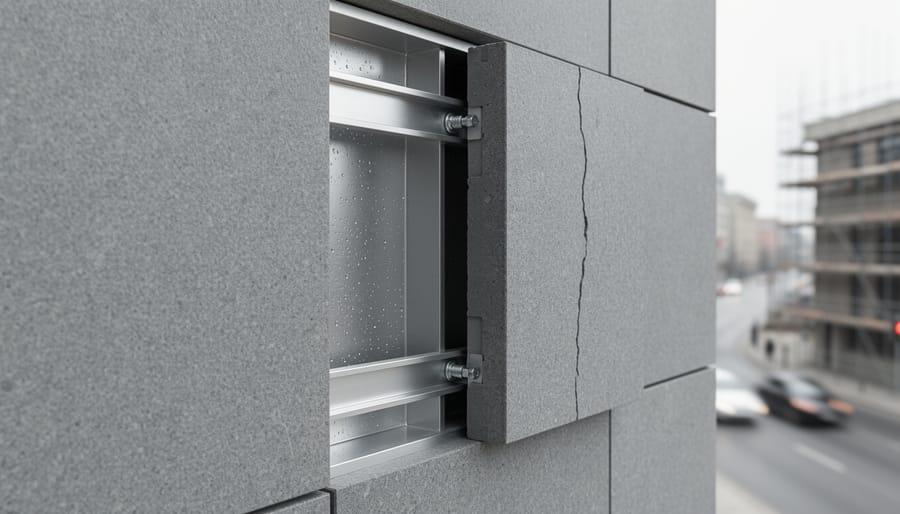 Close-up of a stone cladding facade with one panel removed, exposing stainless steel anchors and a ventilated drainage cavity, with a hairline crack on a neighboring panel and blurred city scaffolding in the background.