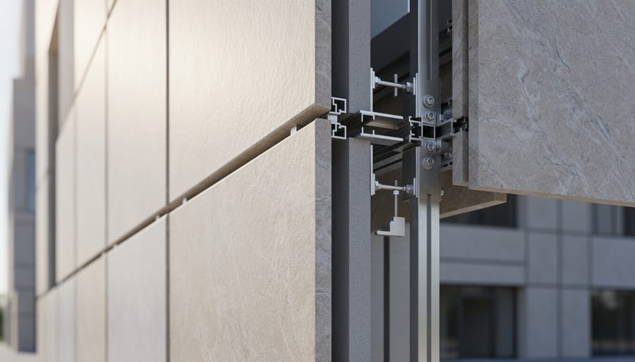 Commercial building exterior showing stone cladding panels with visible mechanical anchoring system