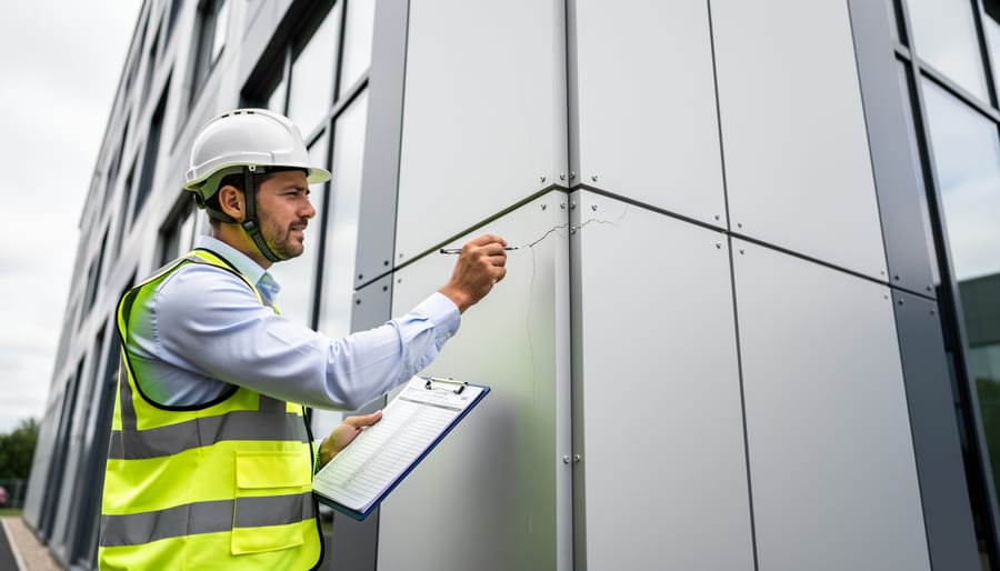 Building inspector examining stone cladding facade with documentation and measuring tools