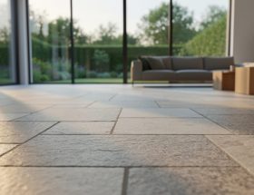 Low-angle view of warm sunlight streaming across a textured natural stone floor in a modern living room with large south-facing windows and blurred furnishings in the background