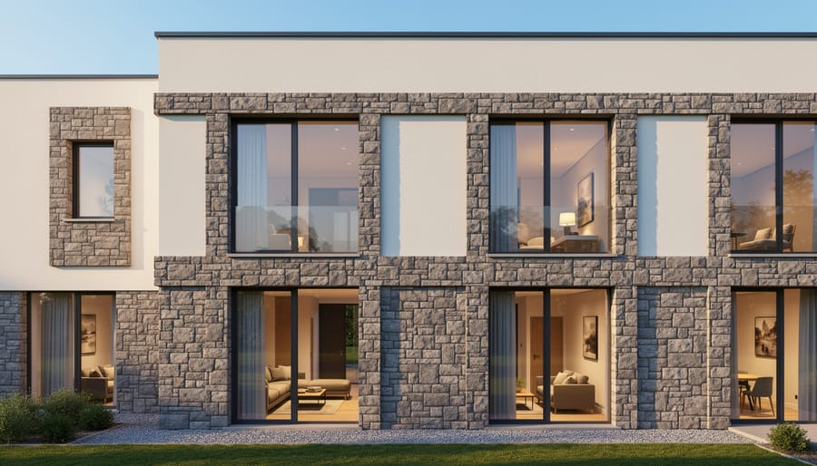Modern building exterior with natural stone facade and energy-efficient design