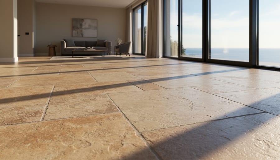 Sunlight streaming across granite stone floor in modern home interior