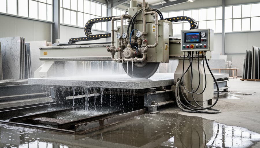 Close-up of industrial saw cutting natural stone with water cooling system