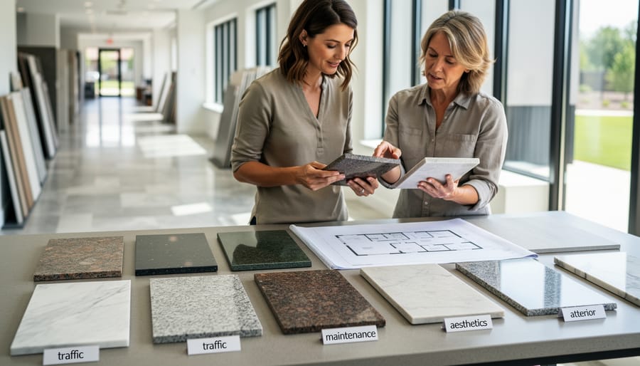 Architect reviewing natural stone samples including granite and marble on desk