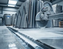 Milky stone slurry streaming across a stone workshop floor toward a trench drain beside stacked granite slabs and a running wet saw, with recycling tanks and hoses softly blurred in the background