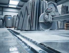 Milky stone slurry streaming across a stone workshop floor toward a trench drain beside stacked granite slabs and a running wet saw, with recycling tanks and hoses softly blurred in the background