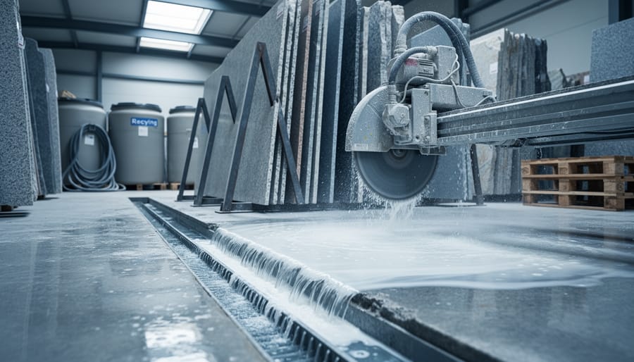 Milky stone slurry streaming across a stone workshop floor toward a trench drain beside stacked granite slabs and a running wet saw, with recycling tanks and hoses softly blurred in the background
