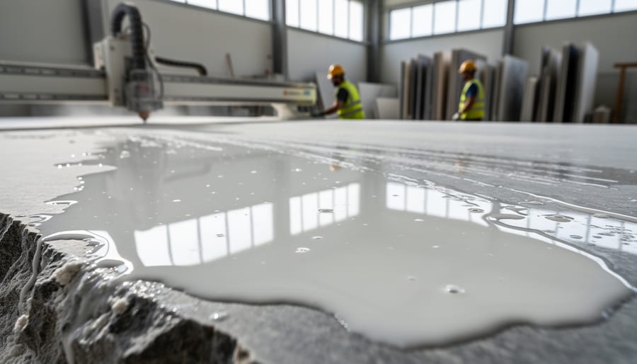 Gray stone slurry waste water flowing from industrial stone cutting equipment