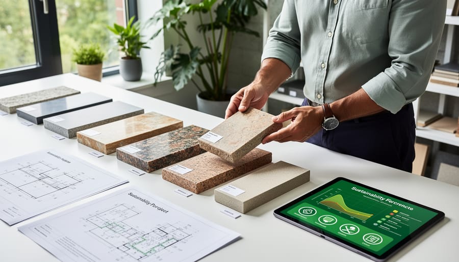 Architect reviewing natural stone samples and project specifications on desk