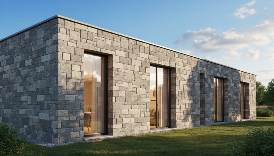 Interior stone wall in contemporary home showing natural material used for thermal mass and energy efficiency