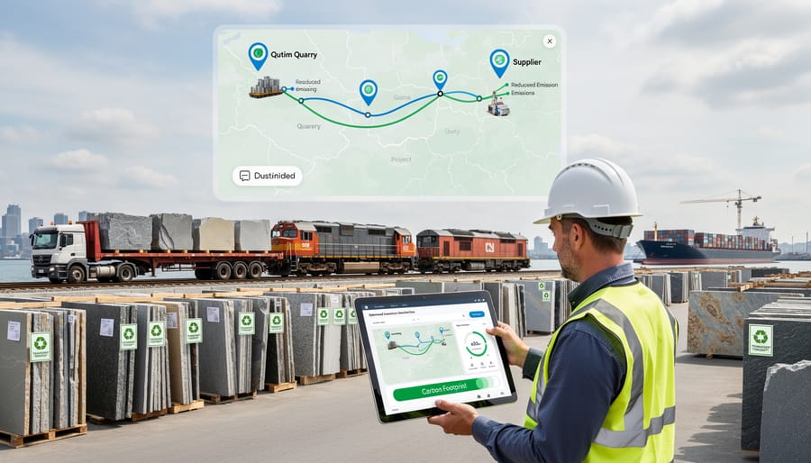 Freight truck being loaded with palletized natural stone at quarry for transportation