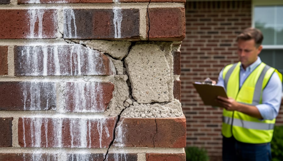 Damaged stone veneer showing cracks, efflorescence, and deteriorating mortar