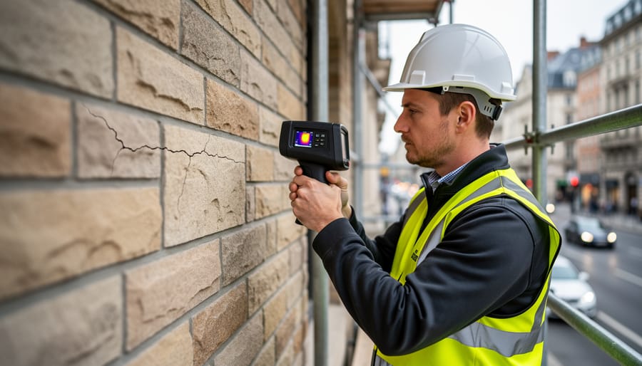 Building inspector in hard hat uses a handheld infrared camera to scan a stone veneer wall with fine mortar joint cracks, with blurred scaffolding and a city street in the background
