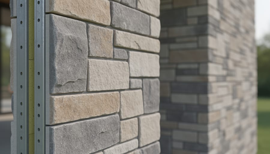 Close-up view of natural stone veneer installation showing textured surface and mortar joints