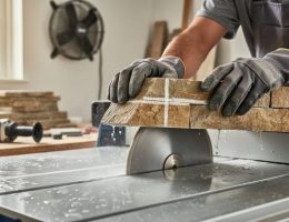 Close-up of gloved hands guiding a chalk-marked stone veneer through a wet tile saw with a diamond blade and visible water spray, with blurred workshop tools and stacked veneer in the background.