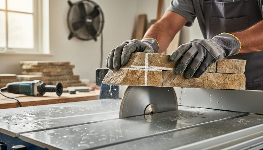 Close-up of gloved hands guiding a chalk-marked stone veneer through a wet tile saw with a diamond blade and visible water spray, with blurred workshop tools and stacked veneer in the background.