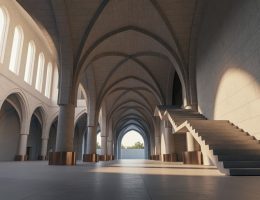 Low-angle view of a modern limestone hall with ribbed stone arches, a cantilevered stone staircase, and load-bearing columns with bronze caps and bases, lit by warm side light with dramatic shadows; receding arches and an atrium in the background.