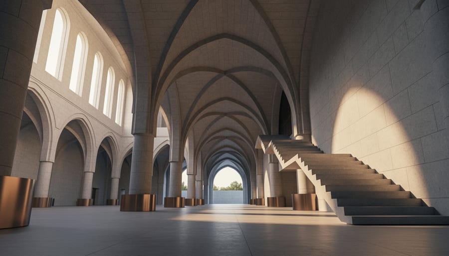 Low-angle view of a modern limestone hall with ribbed stone arches, a cantilevered stone staircase, and load-bearing columns with bronze caps and bases, lit by warm side light with dramatic shadows; receding arches and an atrium in the background.