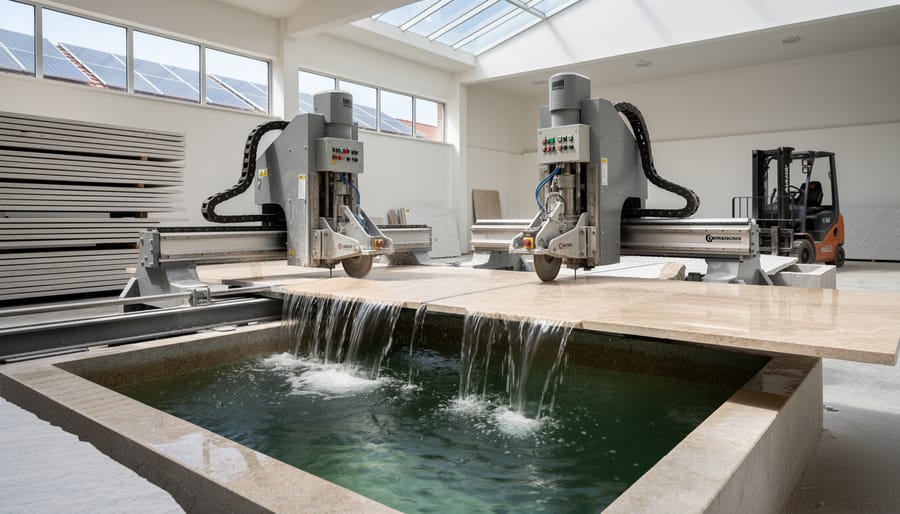 Diamond wire and CNC saws cutting a thin natural stone slab with recirculating water feeding settling tanks, in a clean fabrication shop; stacked slabs, rooftop solar panels, and an electric forklift in the softly blurred background.