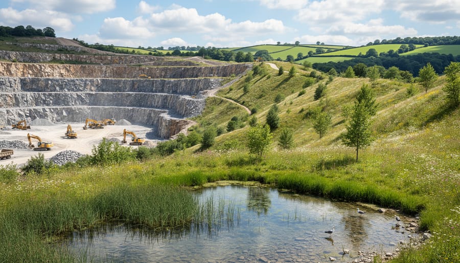 Aerial view of stone quarry showing terraced extraction areas with sections undergoing environmental restoration