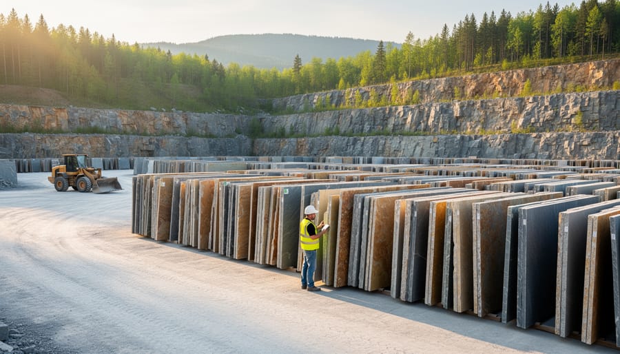 Engineer in safety gear examining stacked natural stone slabs at a clean quarry in golden hour side light, with reforested benches, rolling hills, and a compact wheel loader in the background.