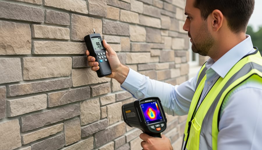Building inspector using moisture detection equipment on stone veneer wall