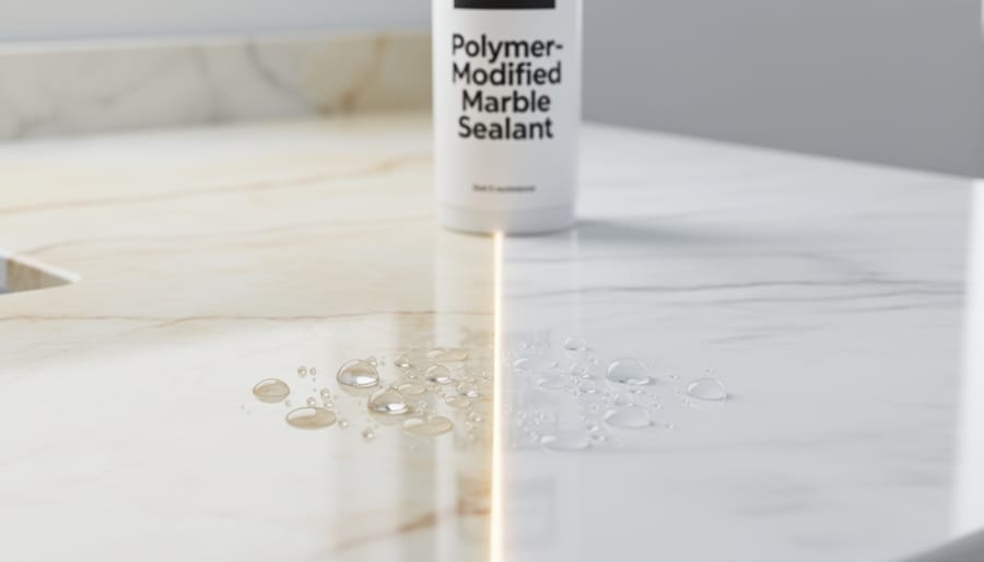 Water droplets beading on sealed cultured marble countertop showing effective sealant protection