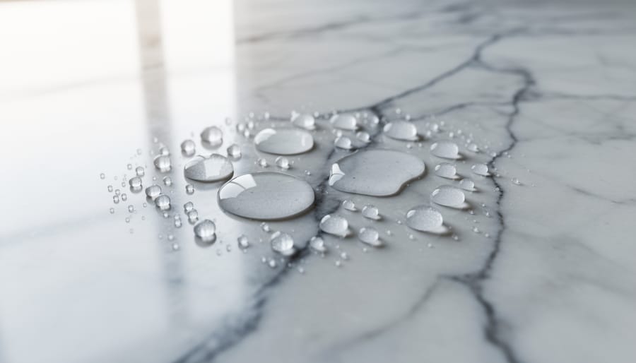 Water droplets beading on sealed marble surface showing protective hydrophobic effect
