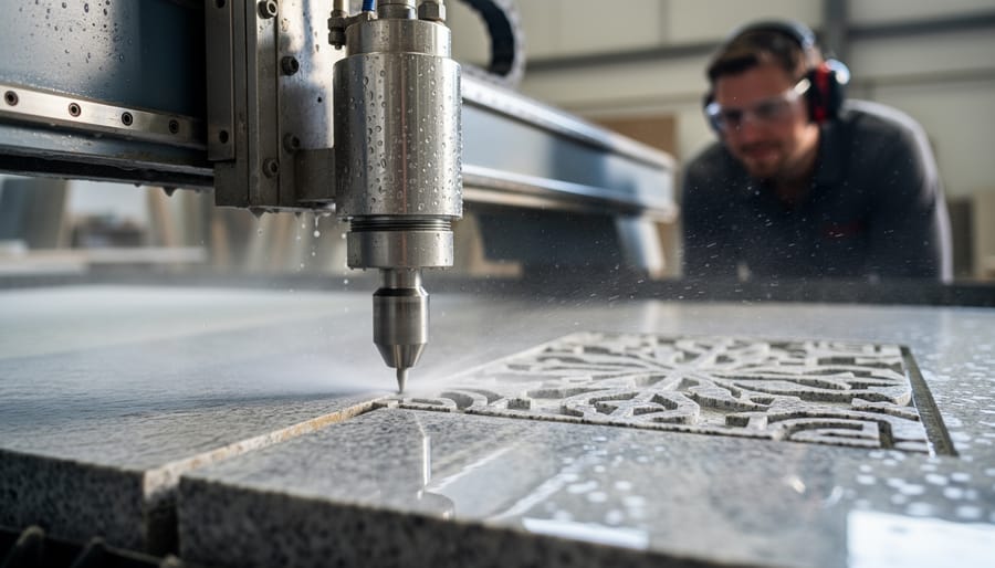 Water jet cutting nozzle precisely cutting curved design in white marble slab