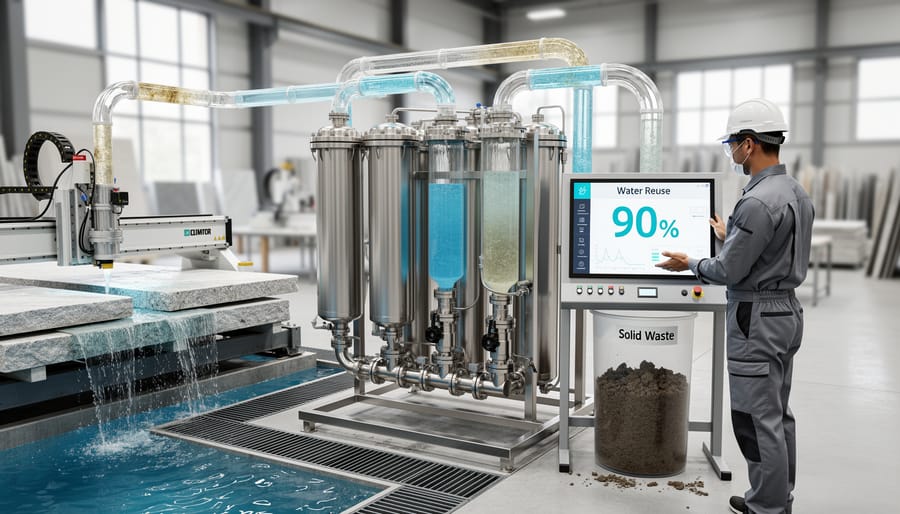 Modern water filtration and recycling system equipment in stone fabrication facility